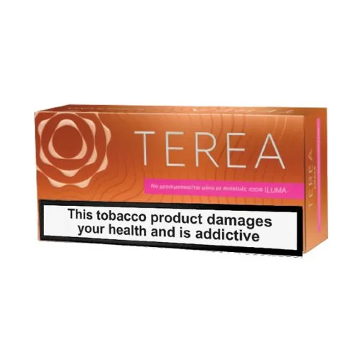 TEREA Amber karton kutusu, turuncu tonlu ambalaj, ILUMA uyumlu ısıtmalı tütün çubuğu