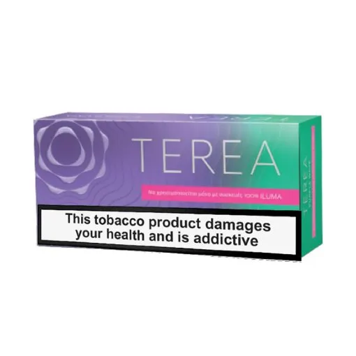 TEREA Purple Wave karton kutusu, mor ve yeşil geçişli ambalaj